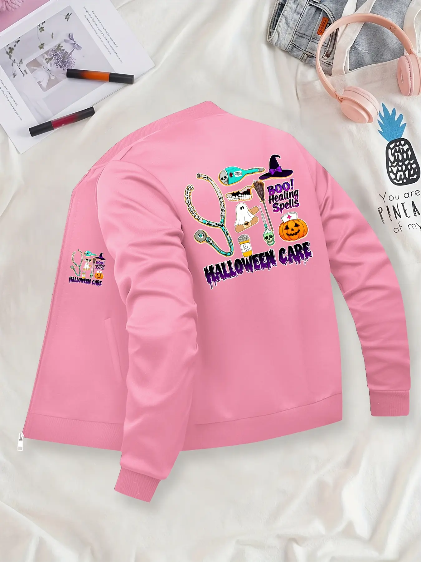 Women's Fitted Graphic Jacket, Boo! Halloween Pattern, Casual Style, All Seasons Wear, Zipper Design, Comfortable Fit