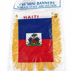 Mini Haiti Flag Banner 4x6 with Brass Staff and Suction for Decorative Use