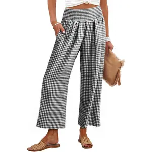 Women Striped Gingham Wide Leg Palazzo Pants Casual Lounge Cropped PJ Bottoms Comfy Cute Plaid Pants with Pockets 2026