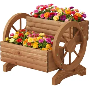 Wooden Wagon Planter Flower Cart with Wheels Planter, Planter for Balcony Decoration Succulent Flower Pot for Indoor Backyard Balcon Yard planters (Brown)