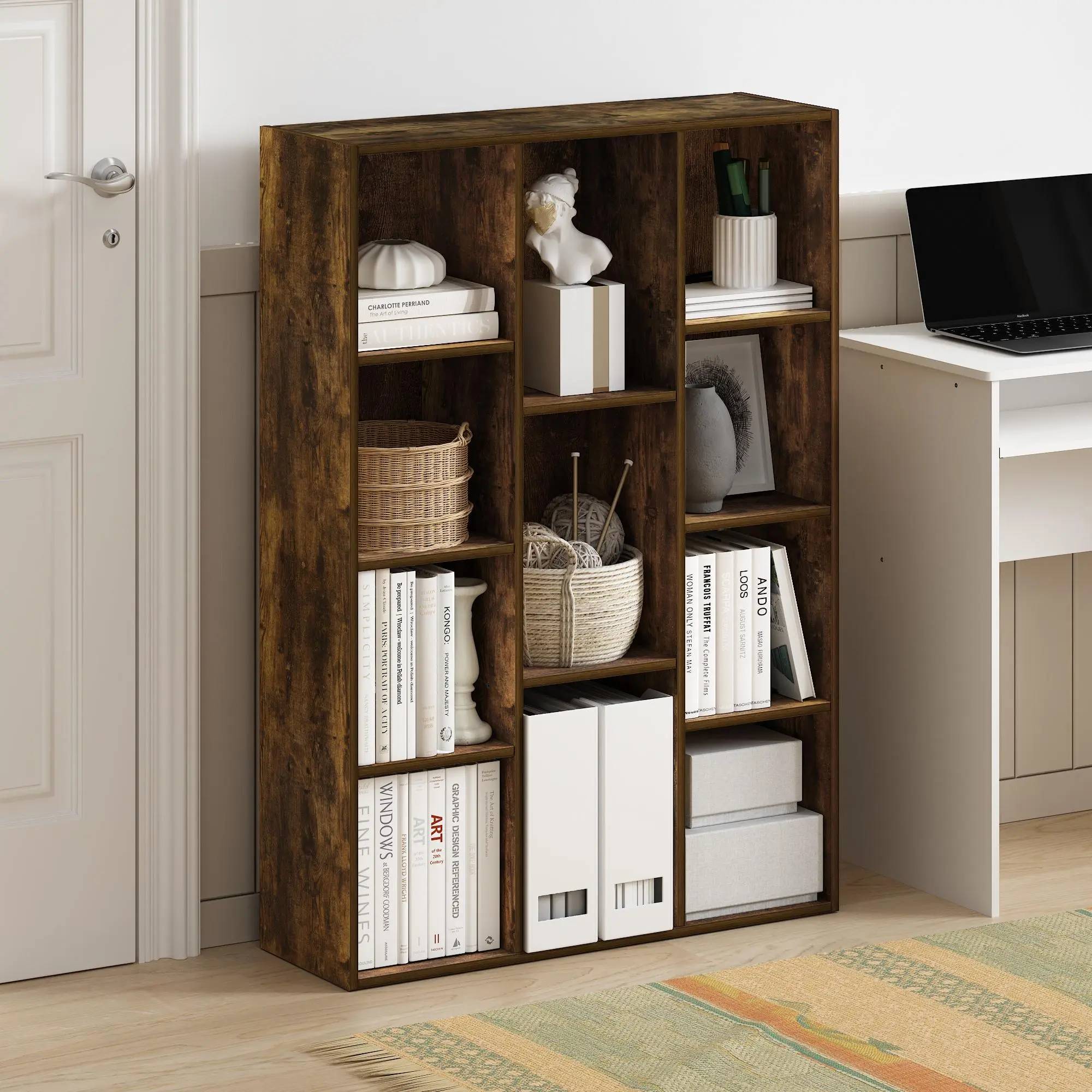LUDER 11-Cube Reversible Particle Board Wooden Book Shelf - Sturdy Rack Shelf, Compact Look, Easy Assembled Indoor Storage with Book Nook, Clean Aesthetic for Collectibles, Contemporary Small Room Use (9.4x29.1x41.7in)