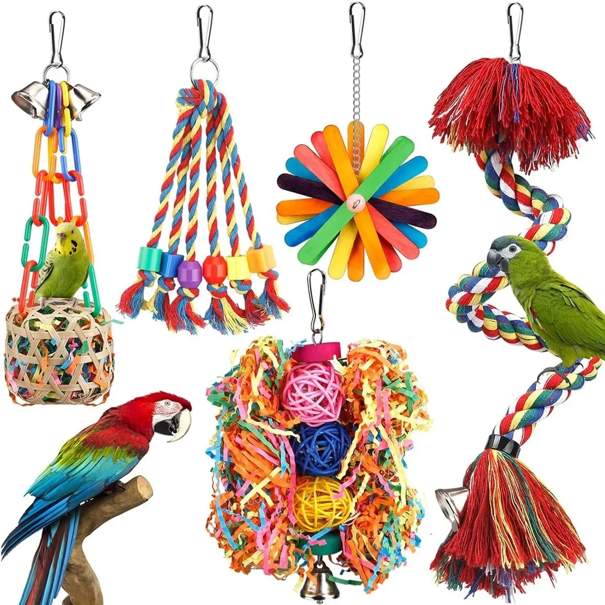 Parrot Toy Set 5pcs, Play Intelligence Chewing Colorful Vine Balls, Rotating Cotton Rope Swing, Small Medium Bird Toys