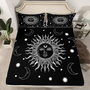 Feelyou Celestial Print Bedroom Bedding Set - Boho Exotic Black White Hippie Decor, Deep Pocket Fitted Sheet for Twin/Full Beds, Microfiber Towels Included, Decorative Bedsheet Sets