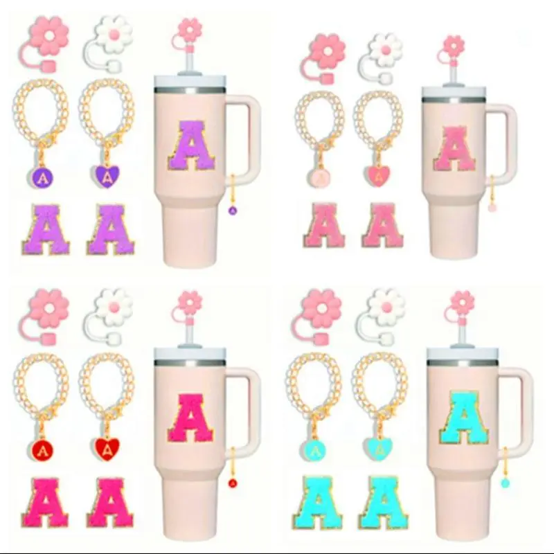 Letter Design Drinkware Accessories Set, 6 Counts/set Including 2 Counts Straw Cover & 2 Counts Initial Letter Charm & 2 Counts Chenille Patches Letter, Personalized Charm Set for Stanley Tumbler