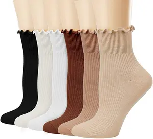 6 Pairs Women’s Ruffle Ankle Socks, Cute Soft Cotton Knit Short Socks, Breathable Stretchy Frilly Cuff Low Cut Crew Socks for Loafers Mary Jane Shoes, Neutral Colors, US Size 5.5–9
