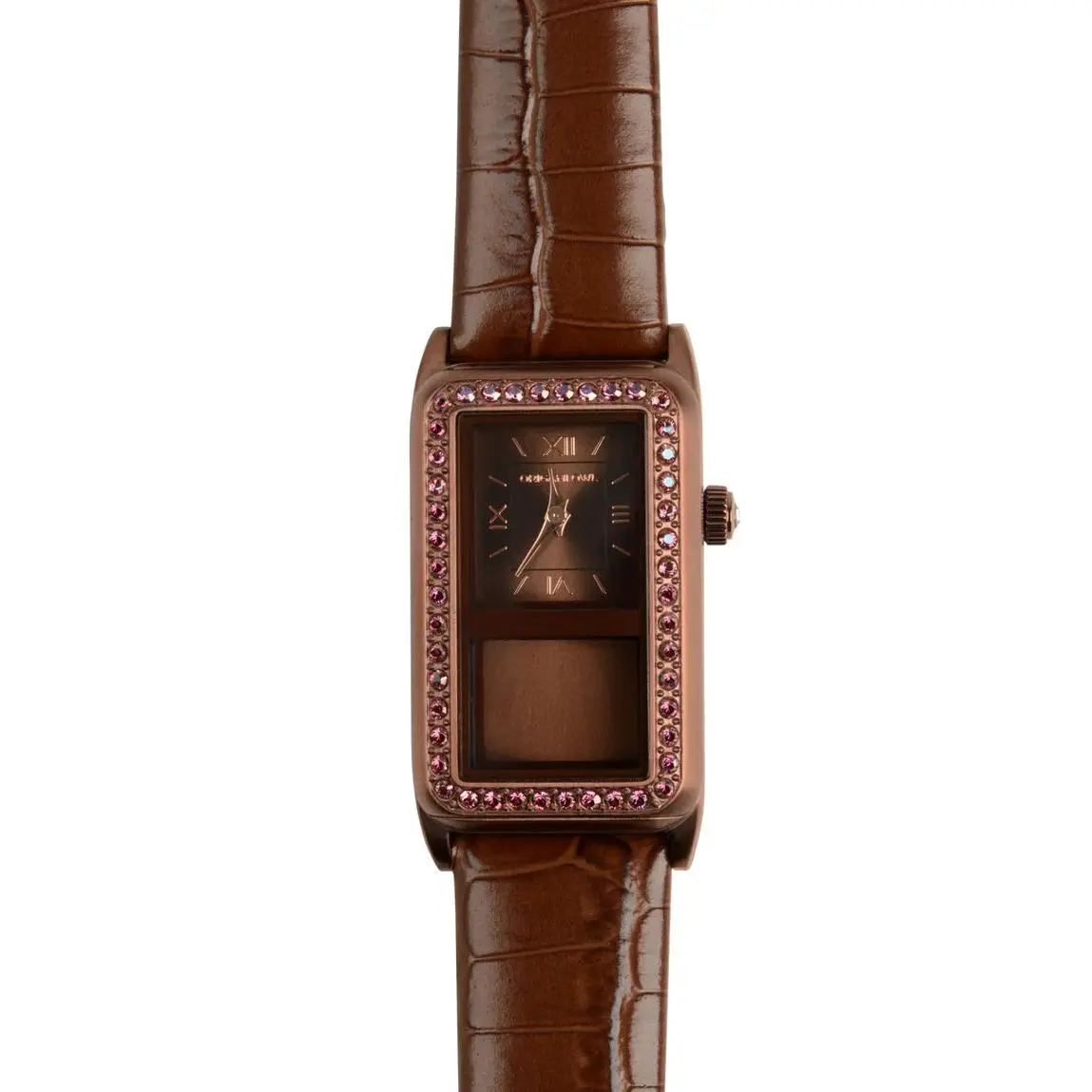 Origami Owl Storyteller Chocolate Living Locket Watch With Lilac Shadow Crystals + Brown Croc Leather Band