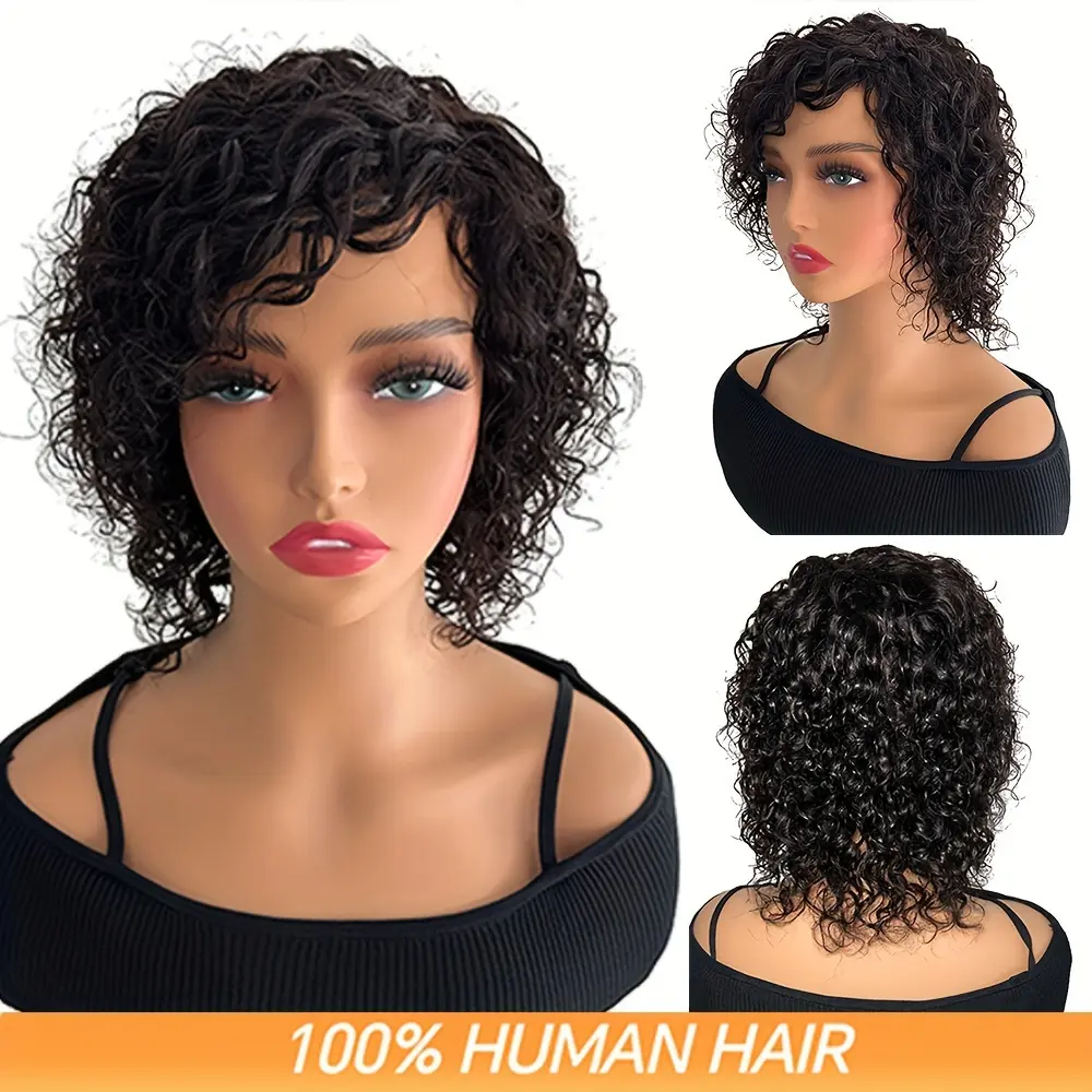 Hot New Arrived 8 Inch Short Water Wave Pixie Cut Wigs Full Machine Made Wigs Remy Brazilian Water Wave Curly Human Hair Wigs for Women