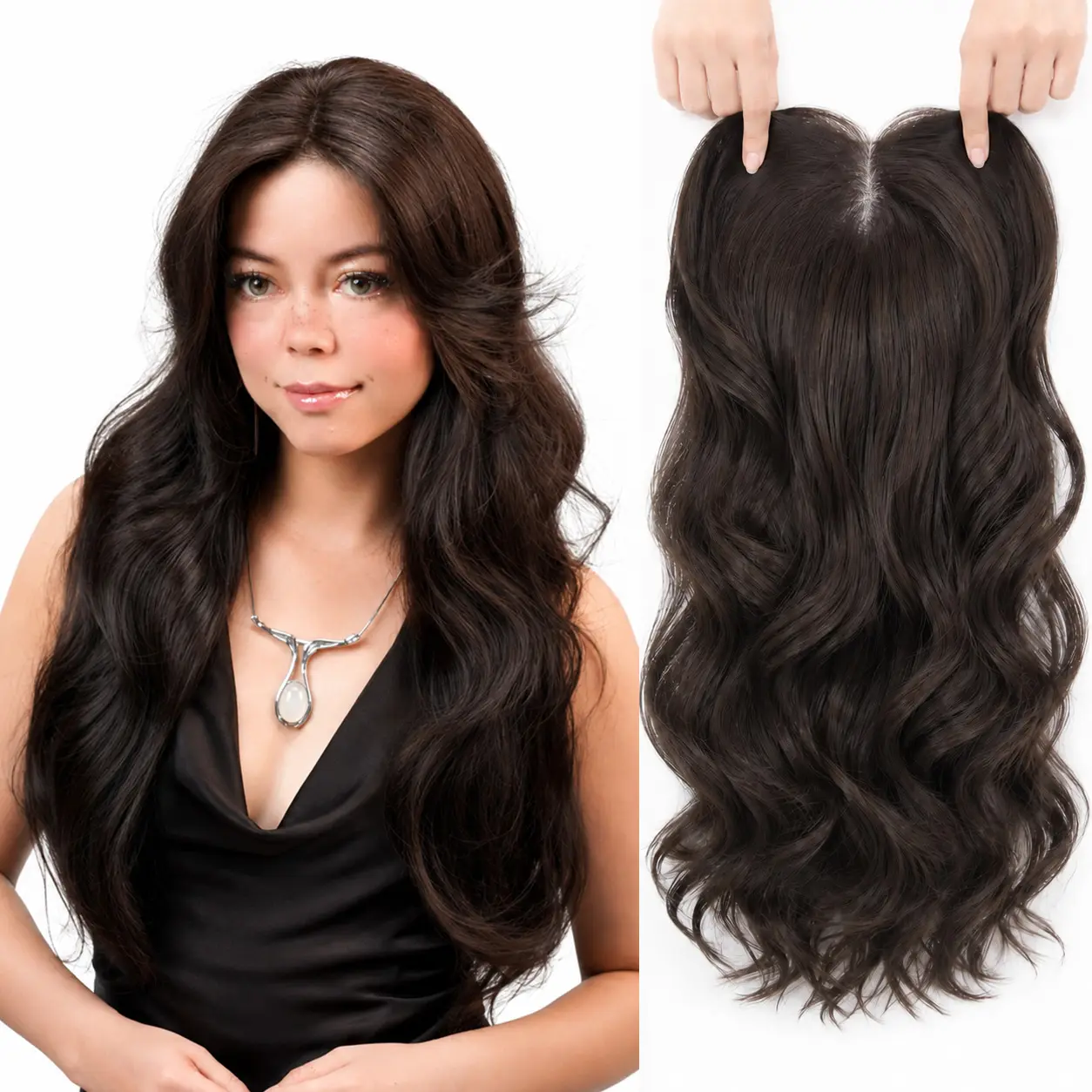 Full Coverage 22 inch Hand Tied Hair Topper Cap-Free Wig No Glue or Wig Cap Needed Natural Hairline Blends Seamlessly with Your Hair Instant Volume&Length No Excess Lace, No Glue, No Hassle More Coverage Than a Topper, Easier Than a Wig