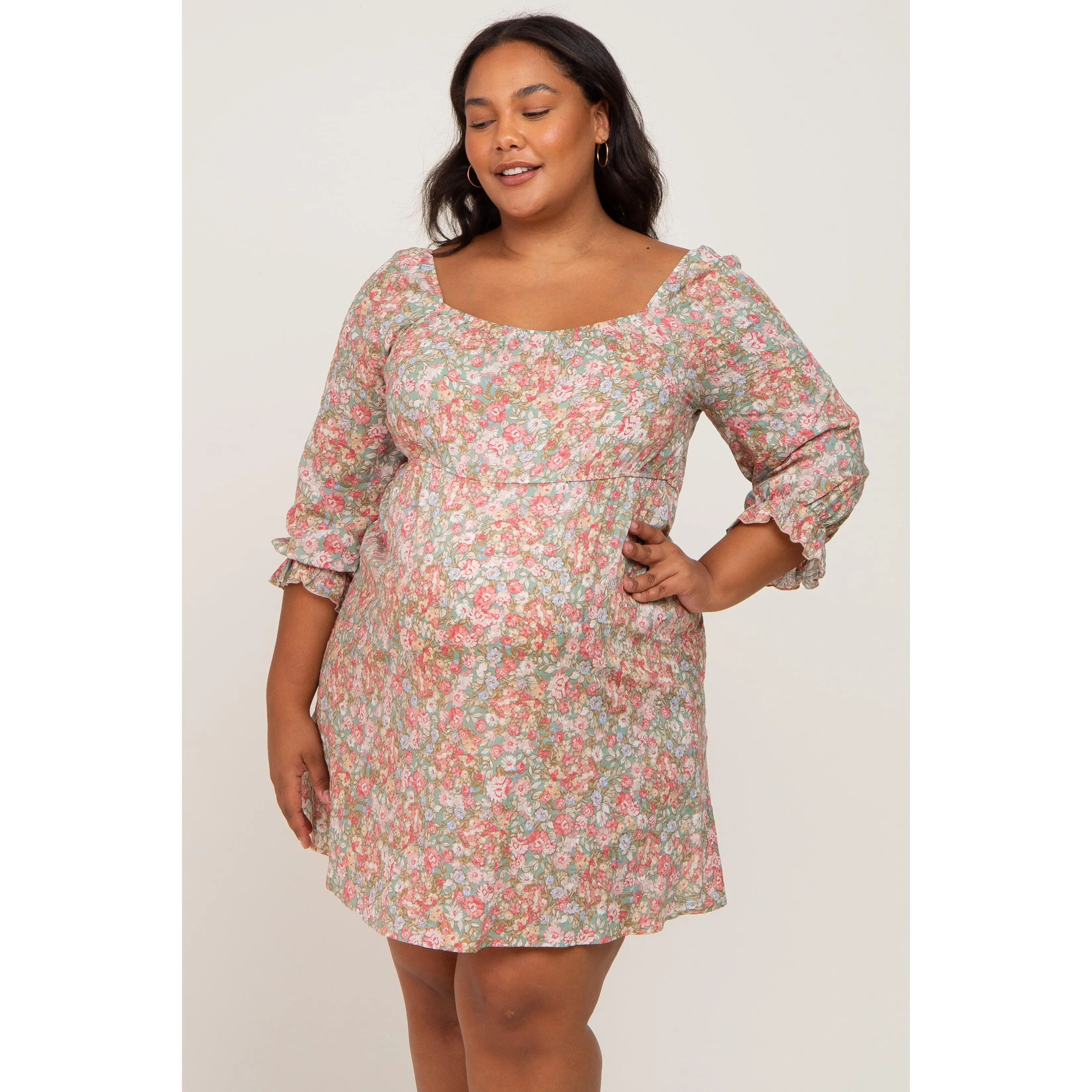 Light Olive Floral Maternity Plus Dress | Short Pregnant Outfit for Plus Size Moms with 3/4 Bubble Sleeves & Square Neck, Maternity Outfit, Floral Maternity Clothing & Accessories