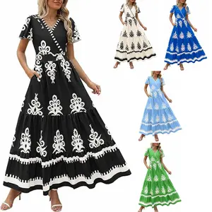 Women's Summer Casual V Neck Boho Maxi Dress Flowy Aline Bell Sleeve Tiered Floral Dresses with Pocket Comfort Bohemian Womenswear V-Neck Short Sleeve