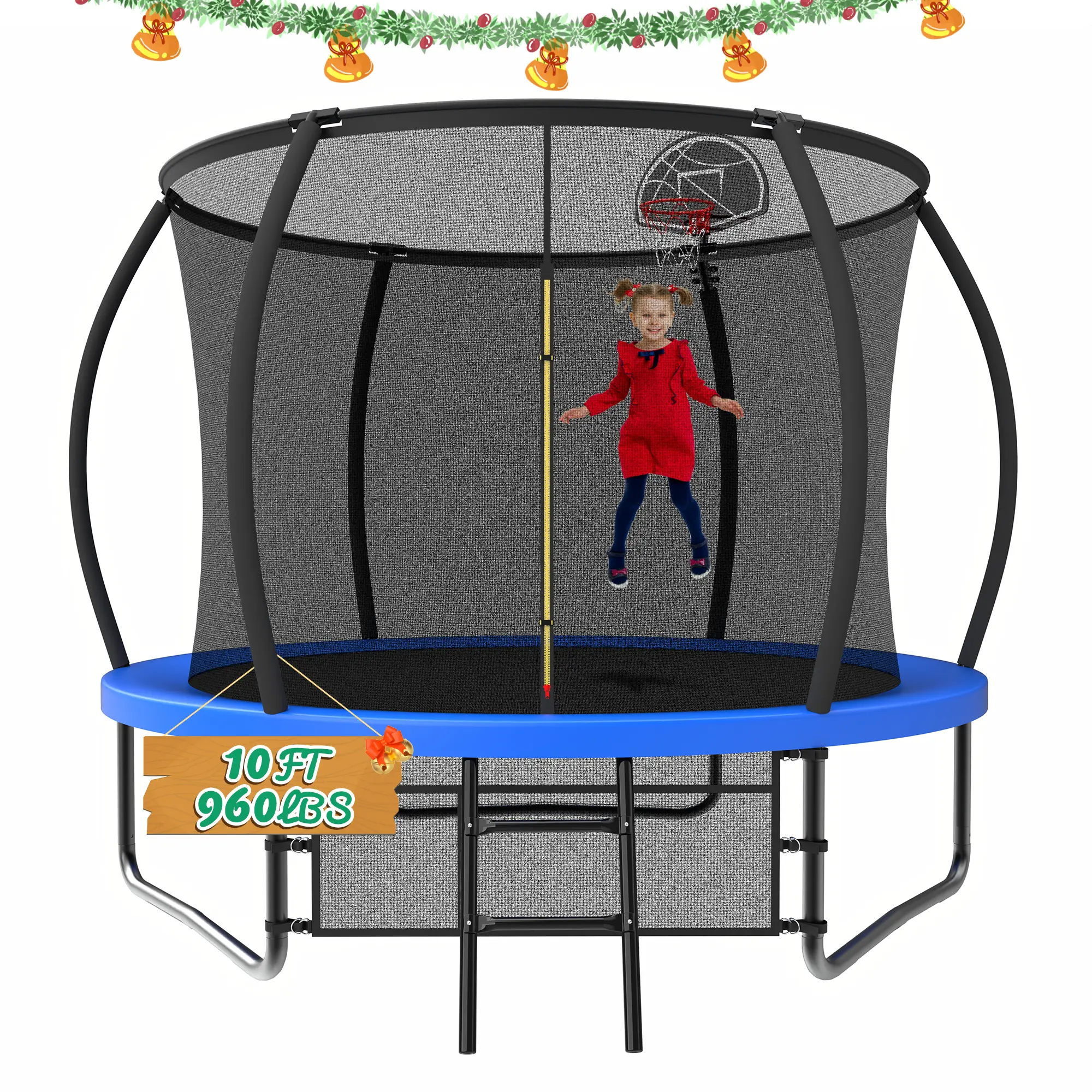 [Christmas Gift]Mersco 10ft Blue Round Outdoor Trampoline for Kids with Safety Net, Pumpkin Design, Basketball Hoop, Storage Bag, 960lbs Loading, Birthday Gifts, Family Fun, Jumping, Outdoor Stuff For Kids