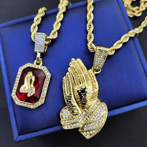 2PC Set Hip Hop Praying Hands Red Gemstone Cubic Zirconia Pendant & 20" 24" Rope Chain Hip Hop Jewelry Necklace
