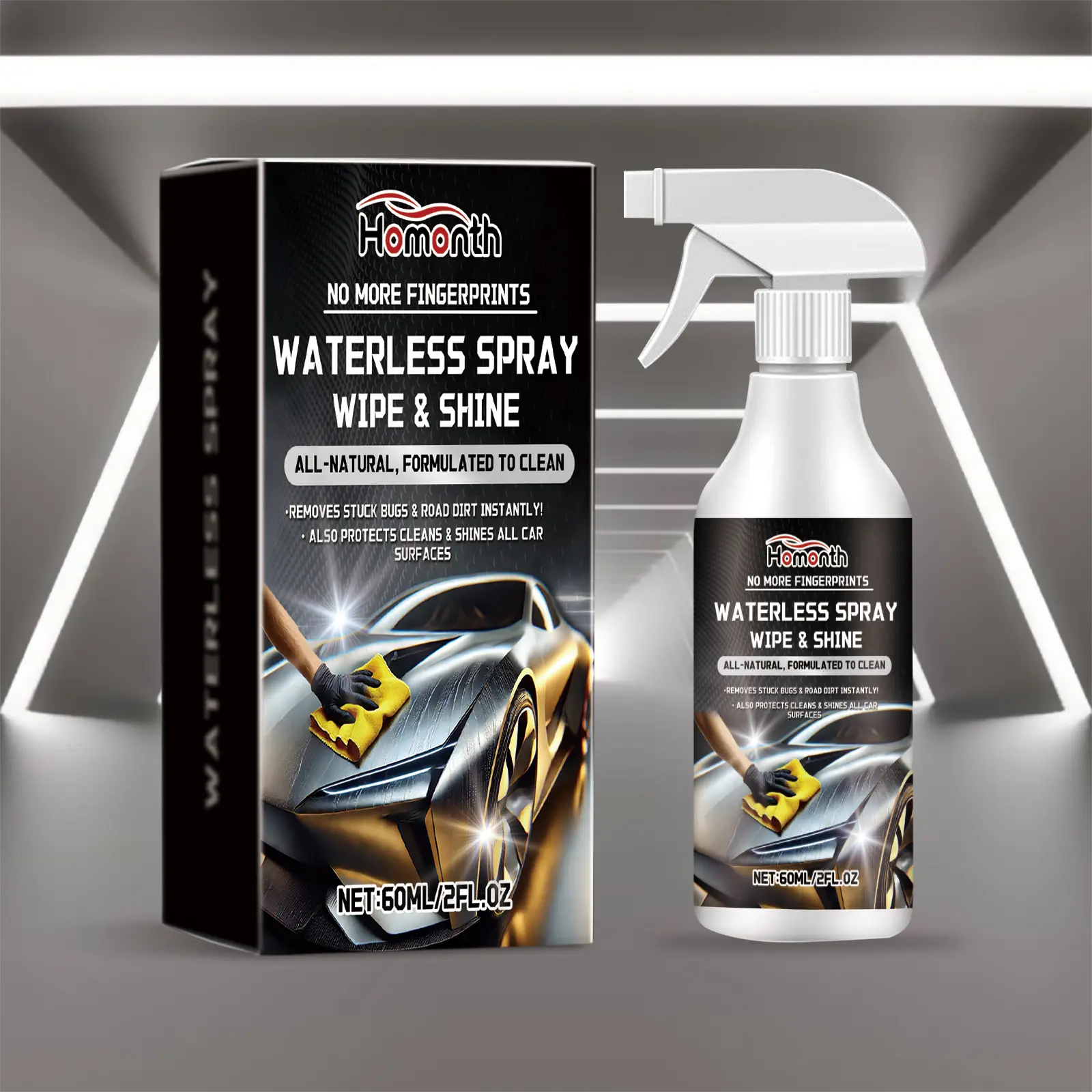 Homonth 16oz Waterless Ceramic Car Wash Spray - Surface Cleaner, Eco-Conscious Quick Detailer & Wax, Streak-Free Shine, Exterior Paint/Glass/Wheels Stain Remover, On-The-Go Kit for Car Owners, Fresh