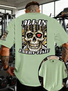 Men's Street Style Poker Skull Pattern T-Shirt, Vintage Casino Casual T-Shirt, All in Poker Print Short Sleeve, Animal Print Design