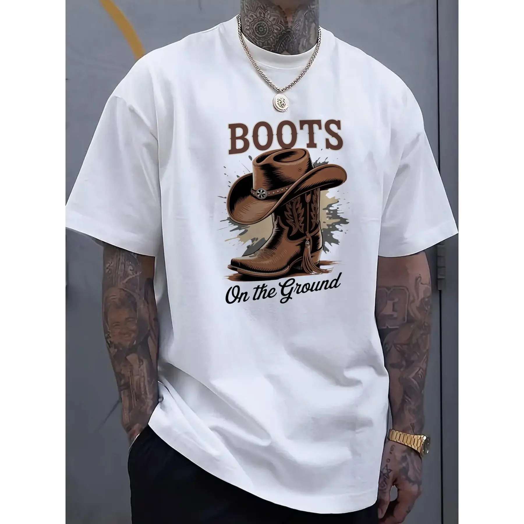 Men's Black Classic Short-Sleeve T-Shirt - Cowboy Boots & Hat Graphic, Boots-On-Ground Design - Casual Streetwear Top, Shortsleeve, Cotton, Fabric, Fashion, Tshirt, Soft