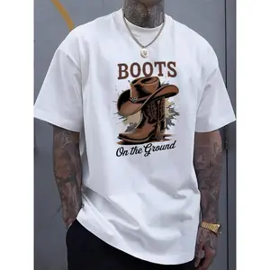 Men'S Black T-Shirt with Cowboy Boots and Hat Graphic Boots On the Ground for Casual Wear