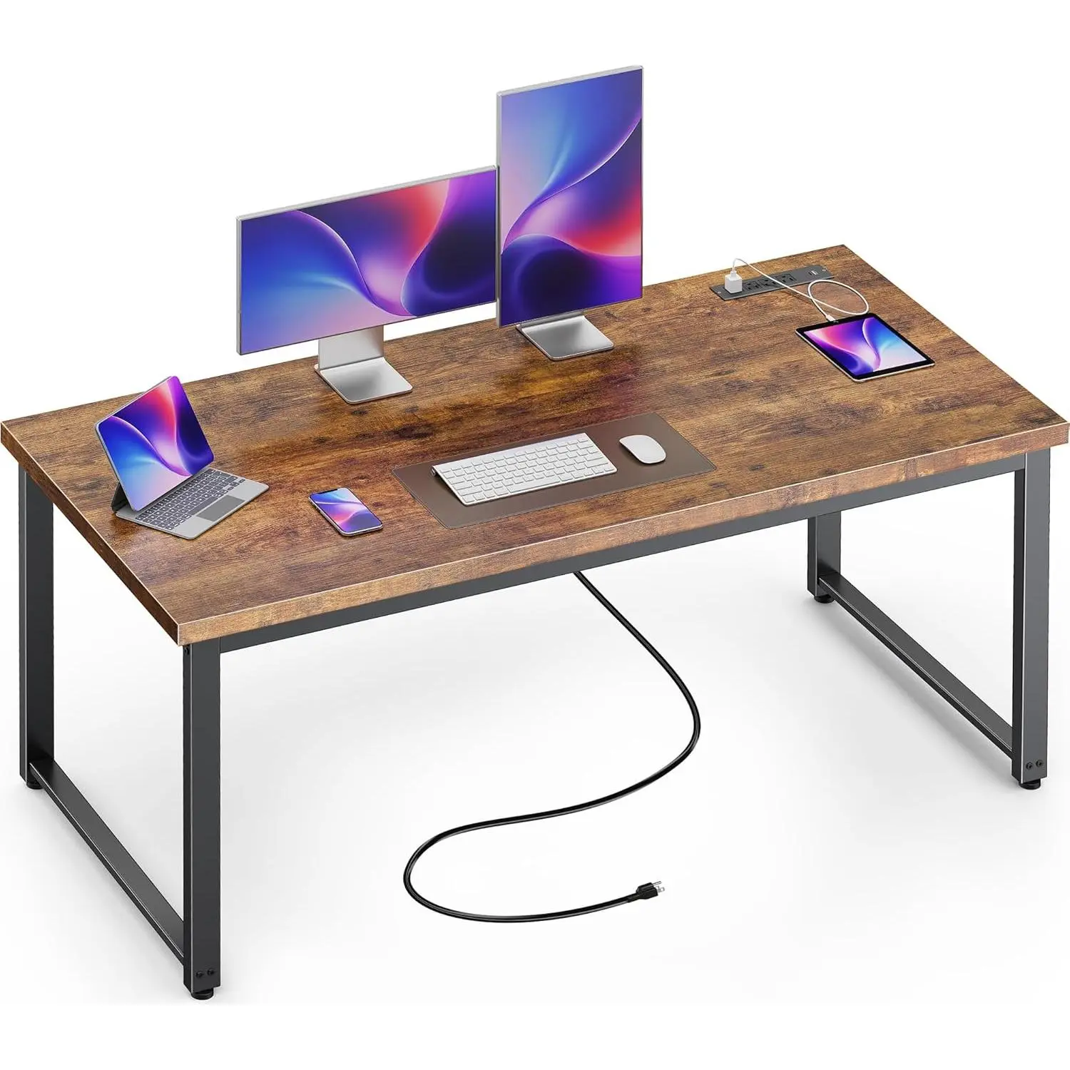 Huuger 55 x 24 inch Desk with Power Outlets & USB-C, Deeper & Thicker Desktop, Robust Metal Tubes, Computer Desk, Heavy Duty Office Desk, Work Gaming Desk for Home Office, Rustic Brown