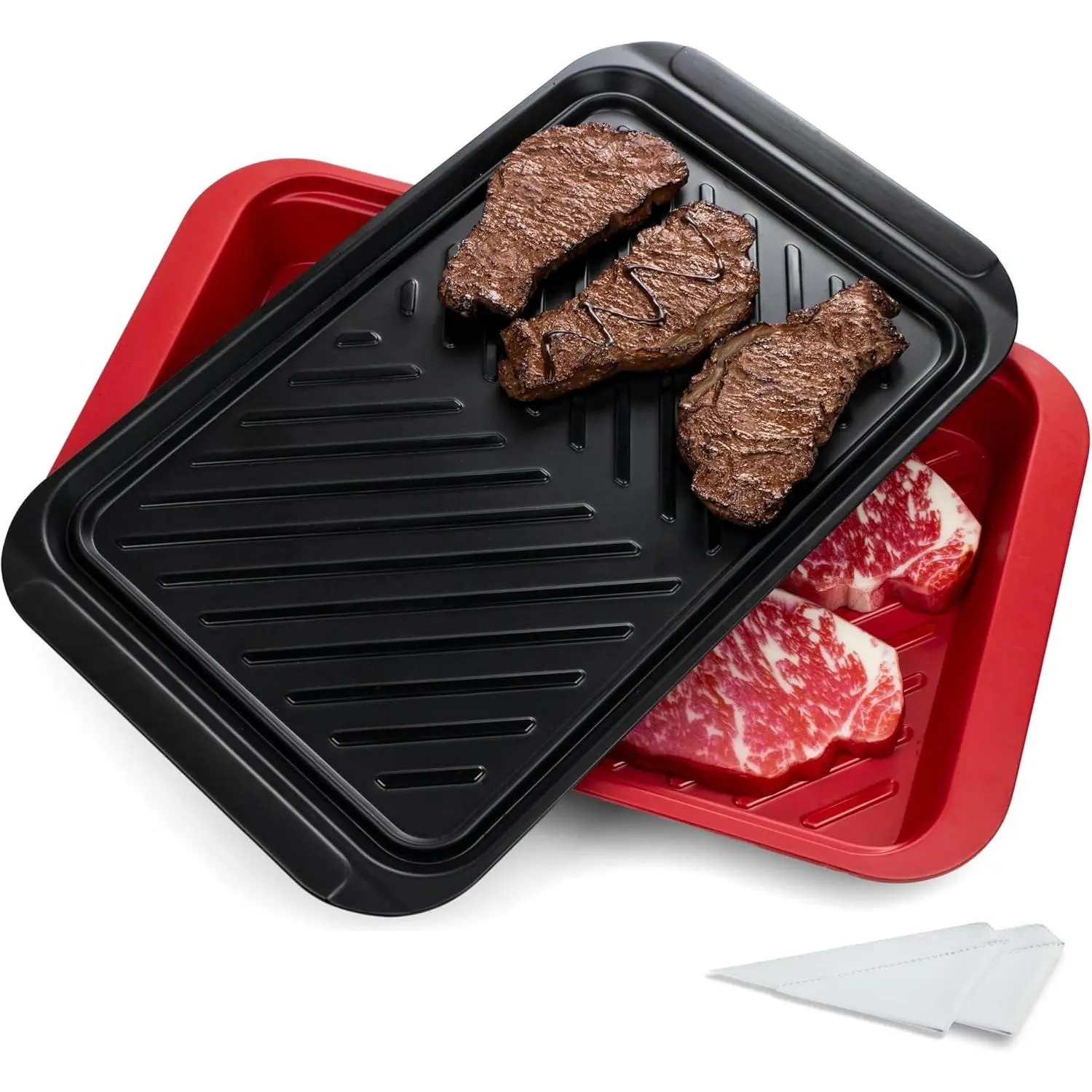 Grilling Deep Prep and Serve Trays, BBQ Platter for Raw Meat Marinating and Finished Cooked Food, Melamine Serving Tray, Set of 2, Cleaning Pack Included