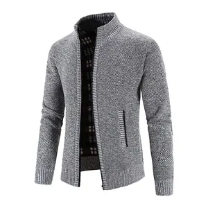Solid Color Long Zipper Stand Collar Cardigan Men's Autumn Winter New Fleece Lined Thick Warm Long Sleeve Fashion Versatile Business Casual Skin-Friendly Comfortable Soft Fabric Durable Knit Sweater Jacket
