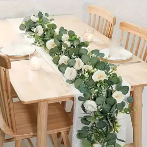 70-Inch Eucalyptus and Rose Garland, Plastic Flower Vine for Home Decor, Wedding, Engagement Table Decoration, Suitable for Various Room Types, Featherless Plastic Floral Vine, Ideal for Party Tables & Indoor Wall Backdrops, Artificial Eucalyptus Garland