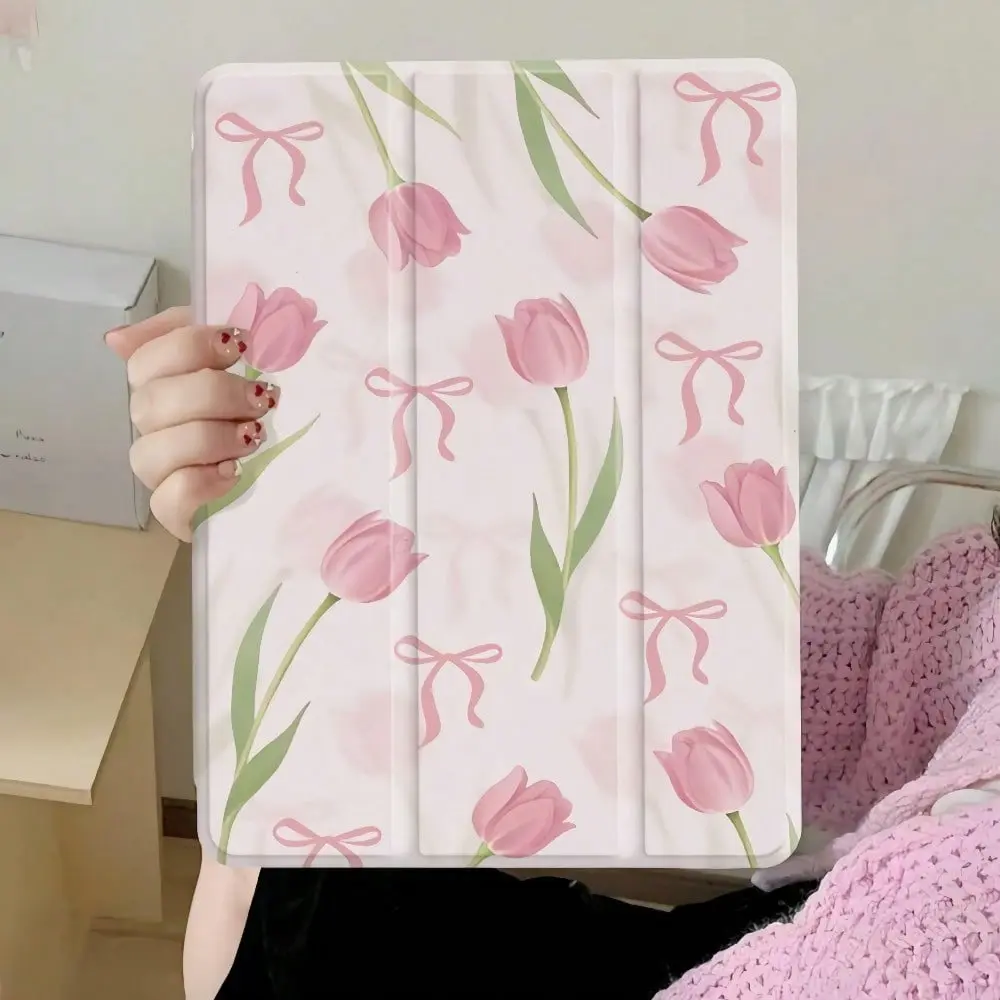 This Tri-fold Pen-slot Tablet Case Features a Pink Tulip Pattern and Is Compatible With IPad Mini 6/4, IPad Air 5/4/3, IPad Pro 2024/2022/2020 Series, Galaxy A9/A8/A7, and S10/S9/S8/S7/S6 Series. It Also Features Automatic Wake-up and Sleep Functions., Co