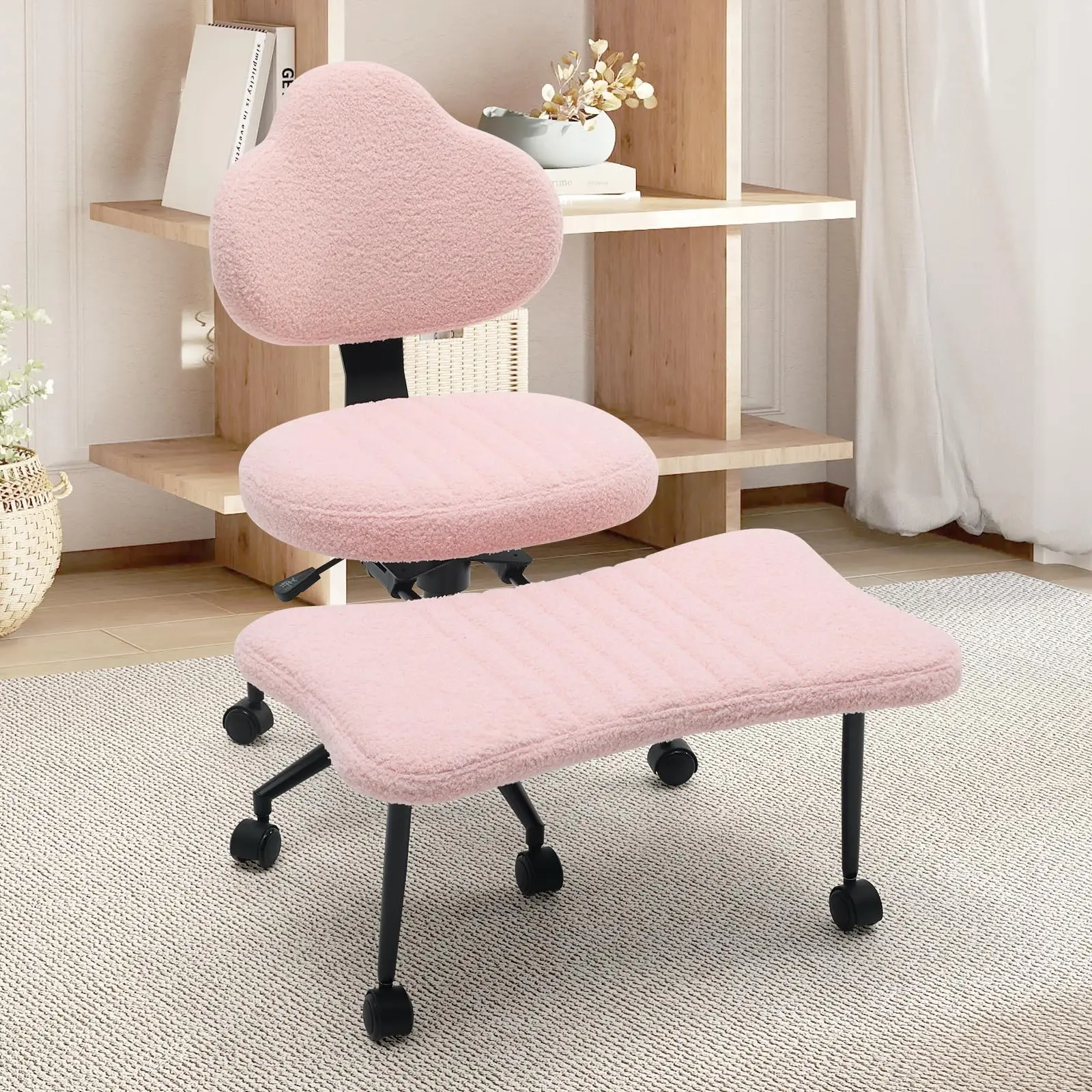360° Swivel Ergonomic Cross Legged Office Chair, Meditation Kneeling Chair with Wheels, Adjustable Height for Meditation, ADHD & Yoga Teddy Fabric
