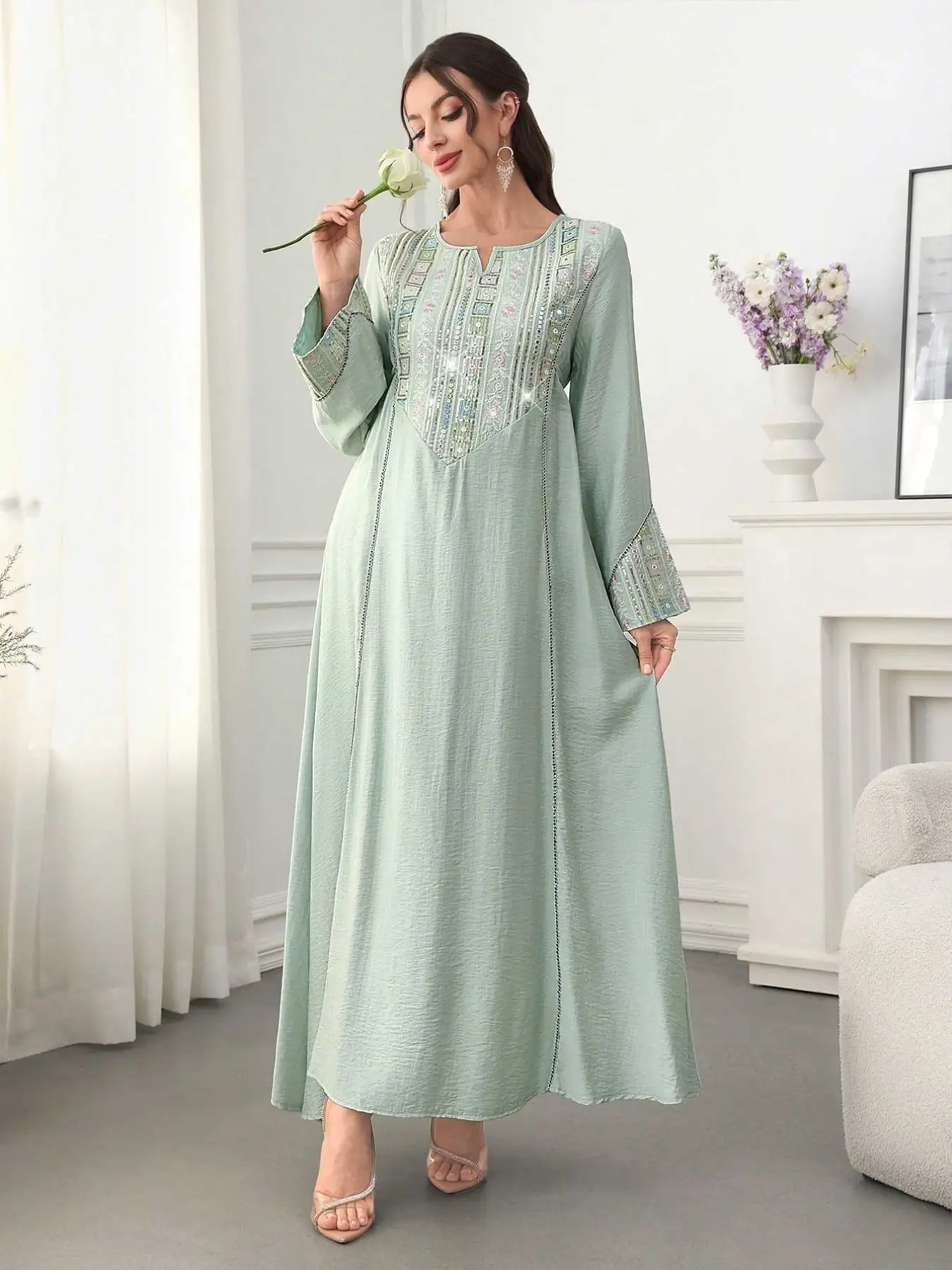 Women's Elegant Embroidered Beaded Abaya Dress, Loose-Fit Woven Fabric, All-Season Wear, High-Quality Material, Stylish & Comfortable Design