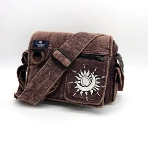 Messenger Crossbody Bag with Sun Moon Embroidery, Handmade Crossbody Shoulder Cotton Bag, Vegan Organic, Casual Unisex style,Handmade Gift