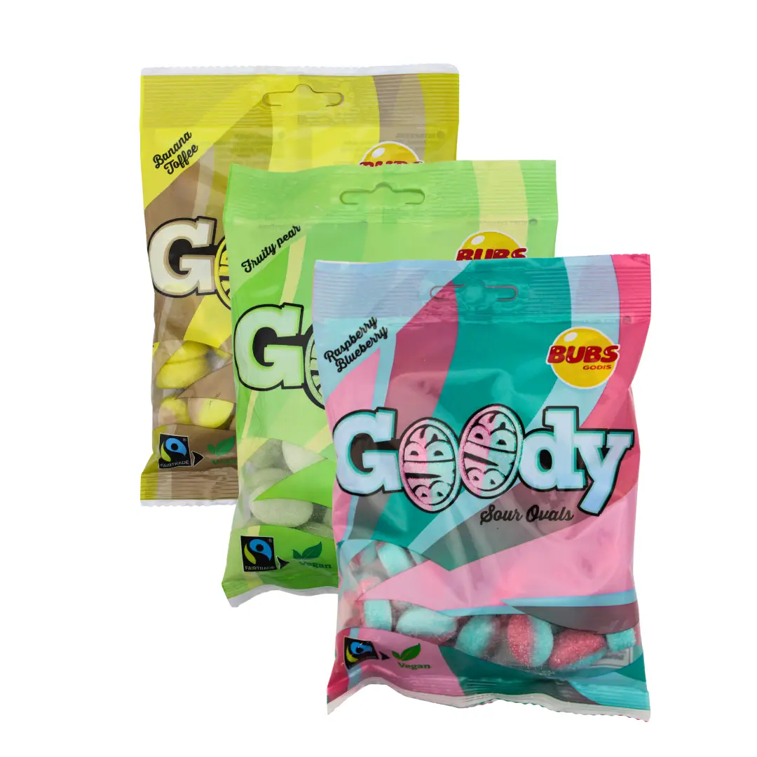 BUBS Goody Candy Sampler 3pk -Banana Toffee, Sour Blueberry Raspberry, Sour Fruity Pear - Vegan Gummies - Sour Candy Bonbon Sweet swedish bubs