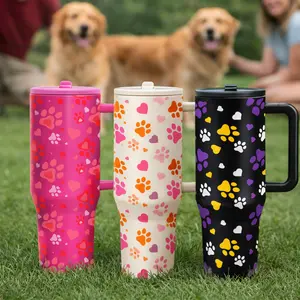 1 Pc 40oz Paw Print Vacuum Insulated Travel Mug With Handle, Pet Lover Coffee Tumbler For Hot And Cold Drinks, Large Capacity Reusable Cup, Cute Aesthetic Drinkware For Dog And Cat Lovers, Practical Gift Choice