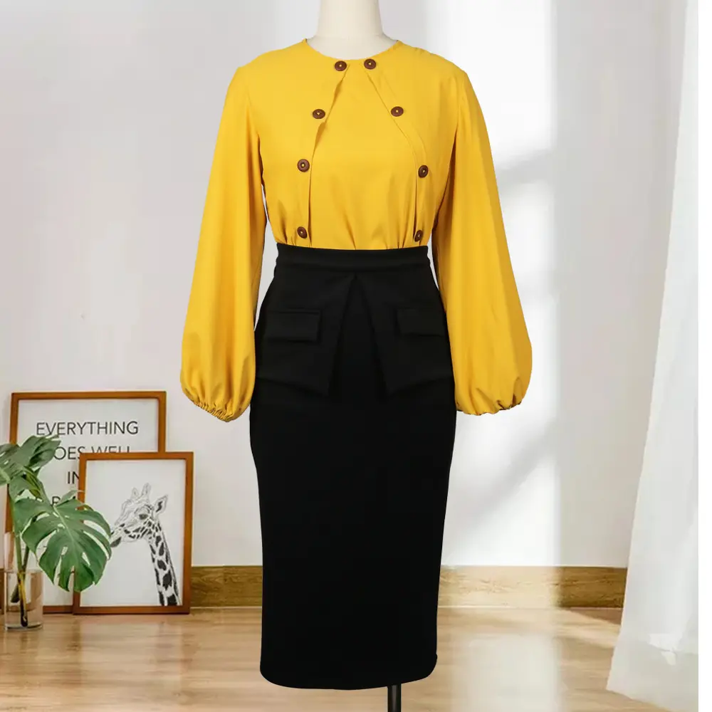 Yellow Blouse | Lantern | Big Puff Top Bell Buttoned Down Balloon Sleeve Long Sleeve Office Shirt Work Shirt Church Top Womenswear Chic Elegance Fit Simple