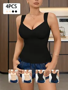 4PCS Women's Seamless Shapewear Top Set, Waist Cinching Abdomen Slimming Underwear Shirt with Molded Cups, Casual Outerwear Body Shaping Vest, Tummy Control Undershirts