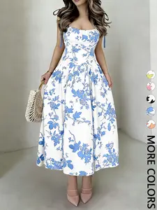 Women's Floral Print Tie Shoulder Cami Dress, Chic Fashion Casual Sleeveless Spaghetti Strap Dress for Daily Outdoor Wear, Women Dress for Summer