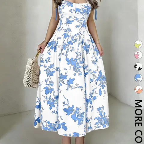 Women's Floral Print Adjustable Tie Shoulder Cami Dress, Beach Sundresses, Boho Style Dresses, Chic Fashion Aesthetic Boho Bohemian Casual Lightweight Sleeveless Spaghetti Strap Dress for Daily Outdoor Wear, Women Dress for Summer