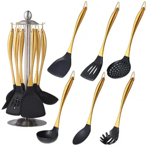 Silicone Cooking Utensil Set, 6 pcs Silicone Cooking Kitchen Utensils Set, Non-stick Kitchen Cookware Titanium Stainless Steel Handle with Utensil Holder, Spatula Set for Cooking -Gold