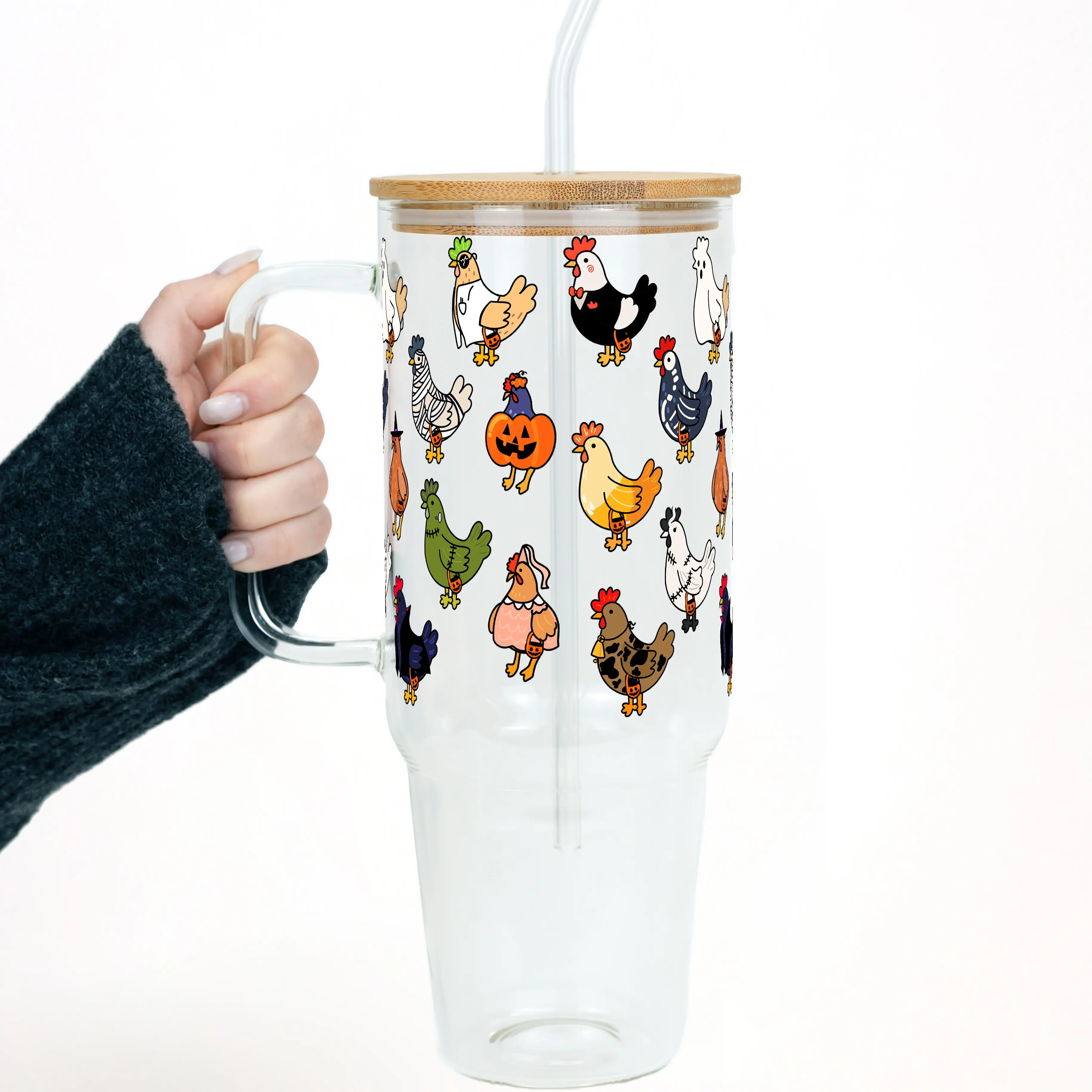 Horror Chickens Halloween 40oz Glass Tumbler with Lid and Straw, Iced Coffee Drinkware, Gift for Her, Acrylic Tumbler, water bottle for women, spooky gifts