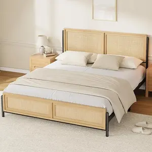 Gaomon King Size Boho Wooden Bed Frame - Natural Finish, Rattan Headboard & Footboard, No Box Spring Needed, Noise-Free, Easy Simple Assembly, Boho Bed Frame
