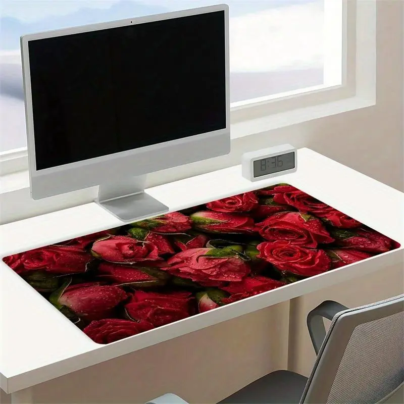 Red Rose Pattern Mouse Pad, Large Floral Desk Mat with Stitched Edge and Non-Slip Rubber Base, Perfect for Home Office