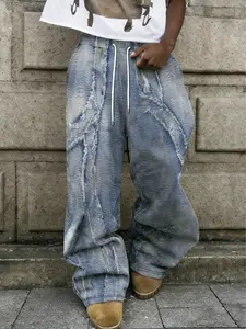 Vintage Look Distressed Edge Patchwork Jeans, Streetwear Brand Drawstring High Waist Wide Leg Work Pants, Casual Sweatpants for All Seasons