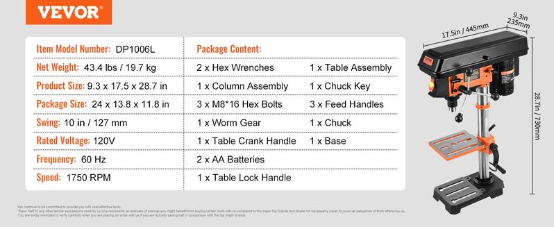 VEVOR 10'' 5-Speed Benchtop Drill Press Cast Iron Drill Press 3.2A 610-2800RPM