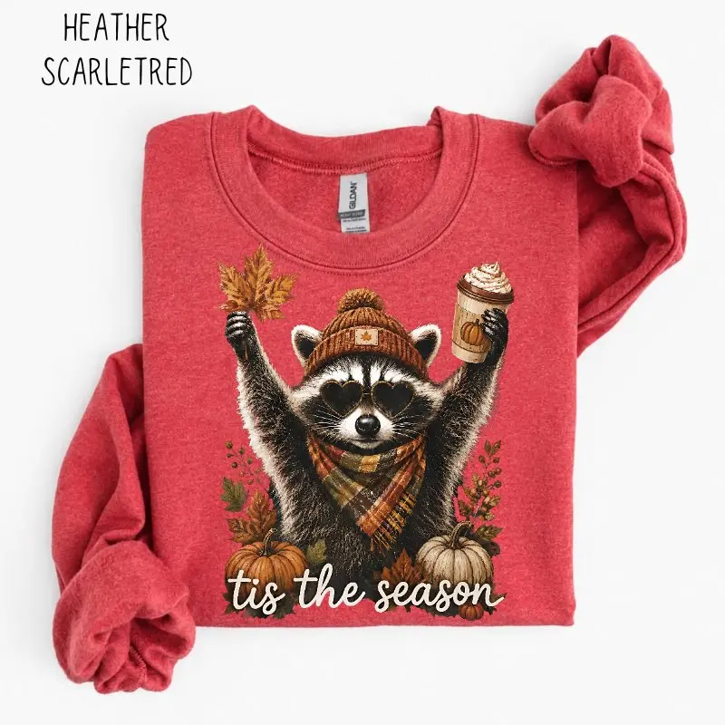 Retro Autumn Raccoon Sweatshirt, Funny Pumpkin Raccoon Crewneck, Cozy Fall Coffee Graphic Pullover, Cute Woodland Animal Sweater, Vintage Halloween Autumn Gift