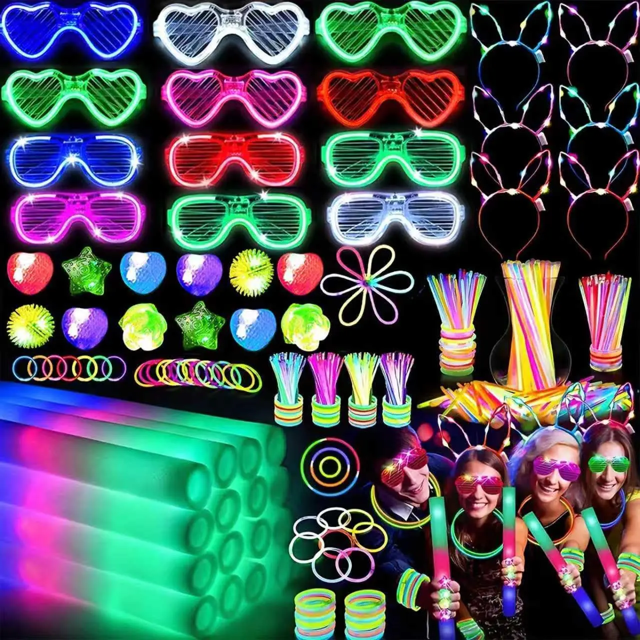 142 PCS Glow in the Dark Supplies, 12 Foam Sticks, 12PCS LED,6PCS Headband 100PCS Glow Sticks and 12PCS Finger Lights Neon Favors for Wedding,Birthday,New Year, Carnivals