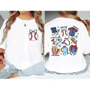 100% Pure Cotton Playful-Style Baseball Shirt (Workwear Top) | Baseball Enthusiast T-Shirt | Bow-Accent Baseball Top | "First Pitch" Team Spirit Sweatshirt | Workwear-Style Sports Mom T-Shirt