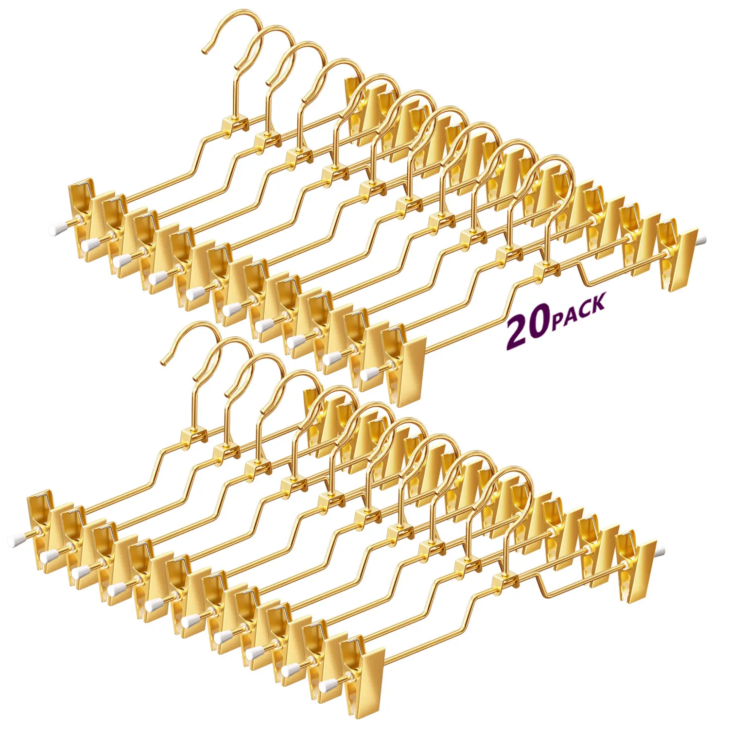 WSJYKN 20-Pack Durable Lightweight Waterproof Shiny Gold Metal Pants Hangers, 12in Sturdy Organiser with 2 Adjustable Clips, Laundry Hook for Jeans Slacks (Ideal for Bedroom, Balcony), Rust Resistant