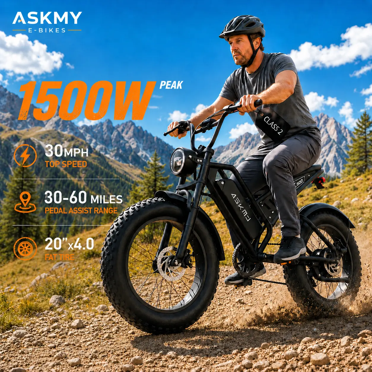 ASKMY Electric Bike 1500W Peak Motor Full Suspension Top Speed 30 MPH 50-70 Mile Range 48V 15Ah Removable Battery Two-Seater LED Headlight 20 Inch 4.0 Fat Tires All Terrain UL2849 Certified