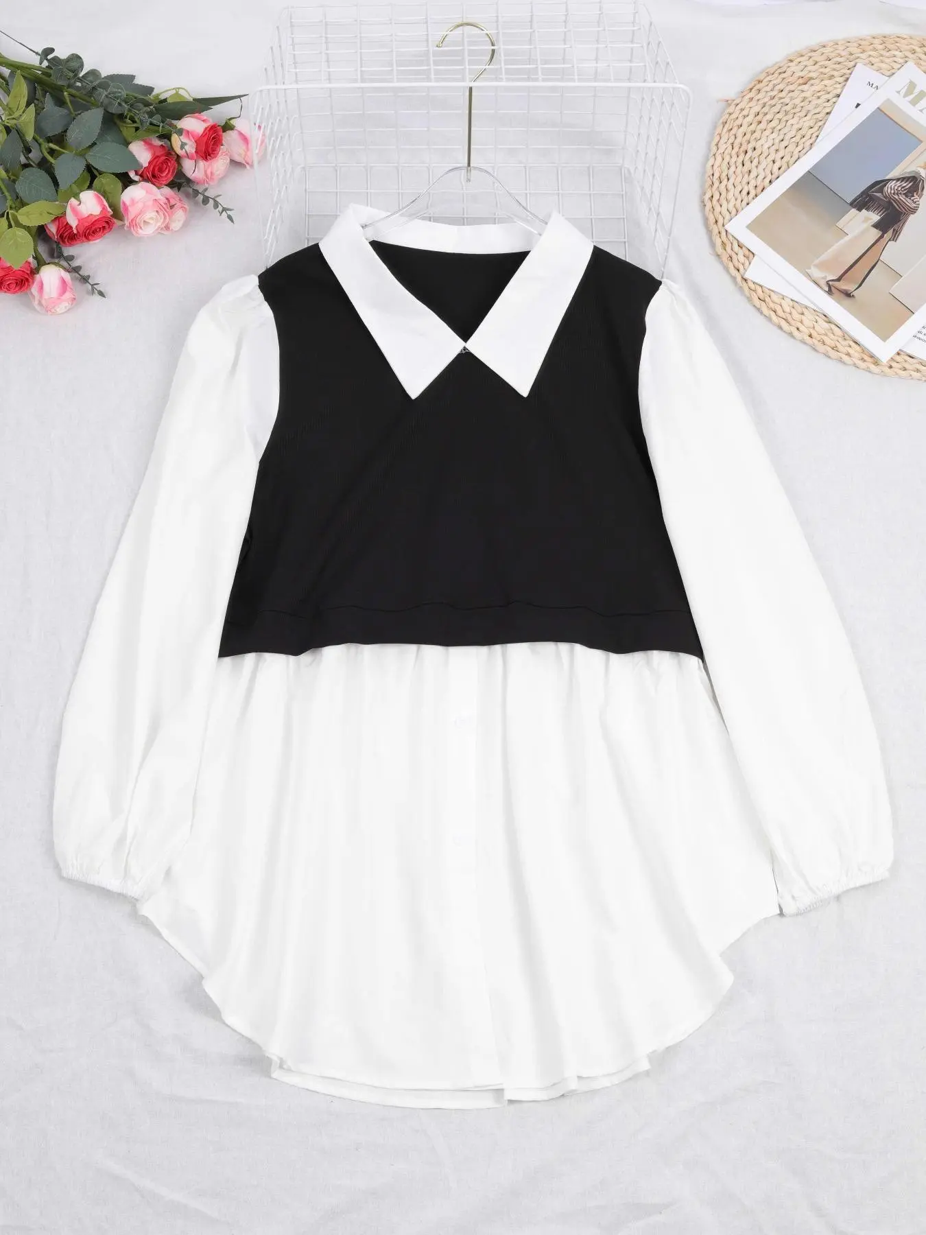 Plus Size 2-in-1 Colorblock Button-Front Blouse, Casual Bishop Long Sleeve Collared Top for Spring & Fall, Women's Clothes for Daily Wear