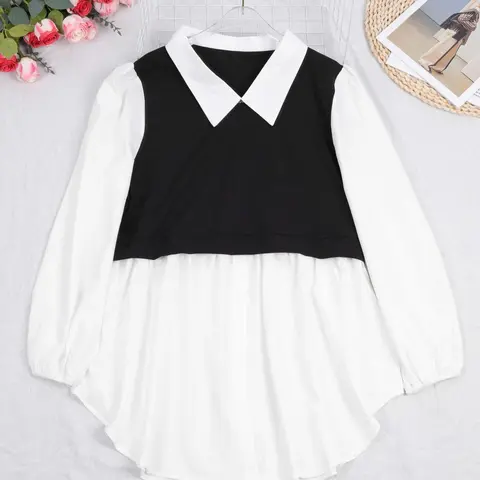 Plus Size 2-in-1 Colorblock Button-Front Blouse, Casual Bishop Long Sleeve Collared Top for Spring & Fall, Women's Clothes for Daily Wear