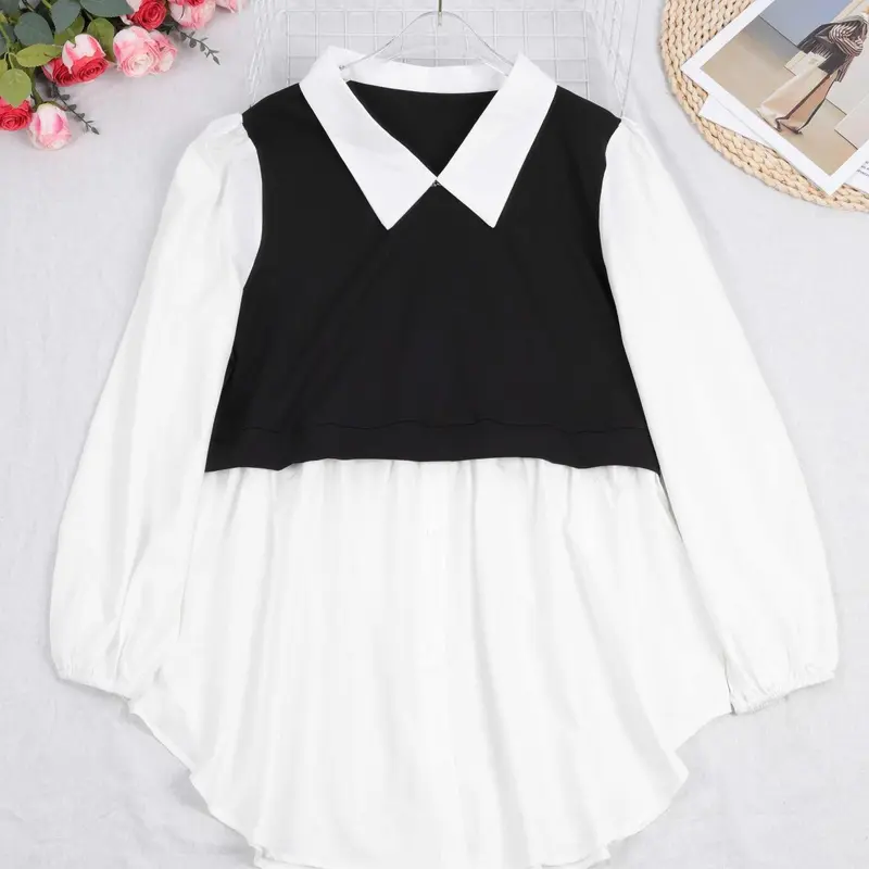 Plus Size 2-in-1 Colorblock Button-Front Blouse, Casual Bishop Long Sleeve Collared Top for Spring & Fall, Women's Clothes for Daily Wear