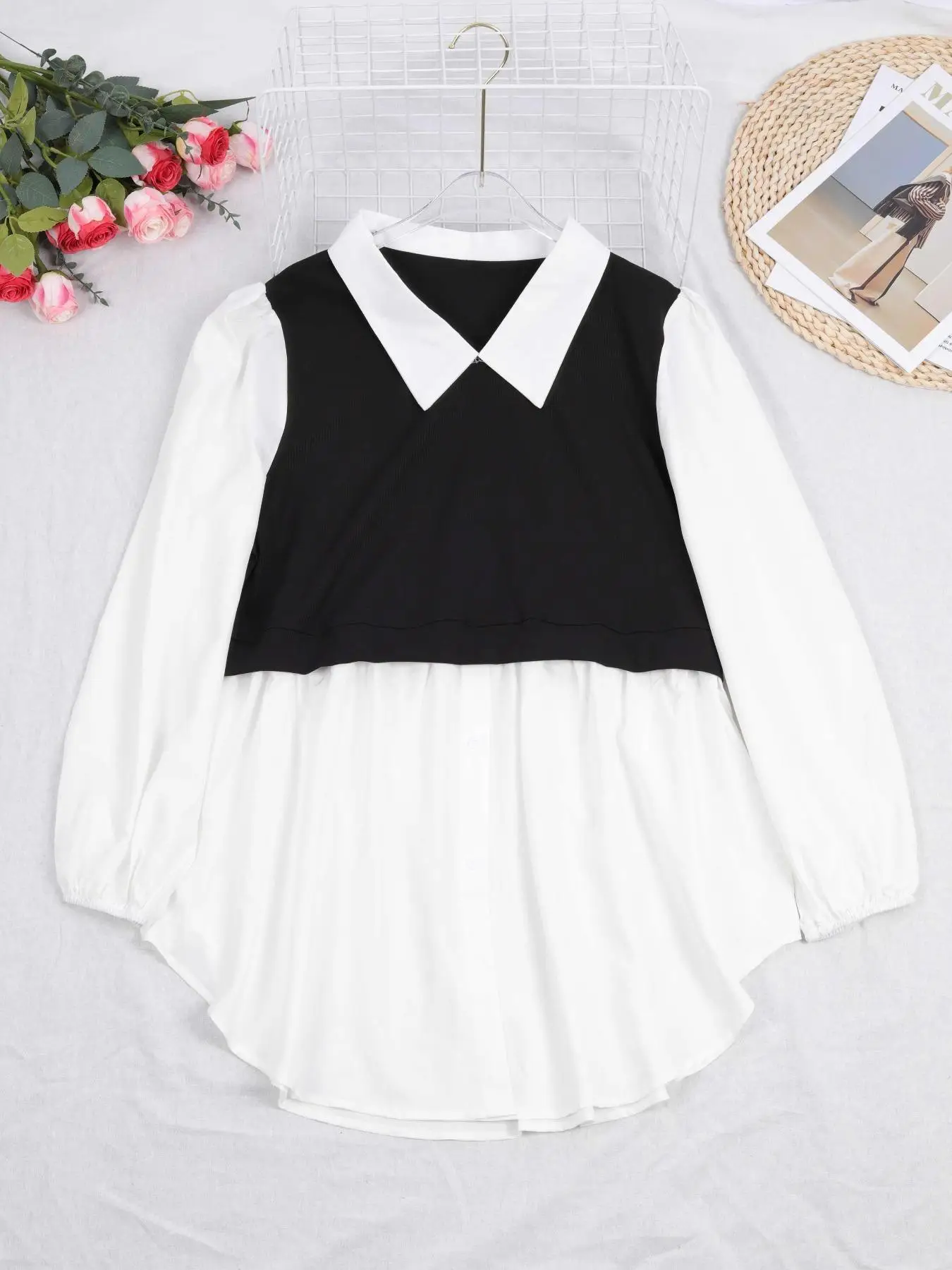 Plus 2 In 1 Colorblock Button Front Blouse, Casual Bishop Sleeve Collared Top for Spring & Fall, Women's Clothes for Daily Wear