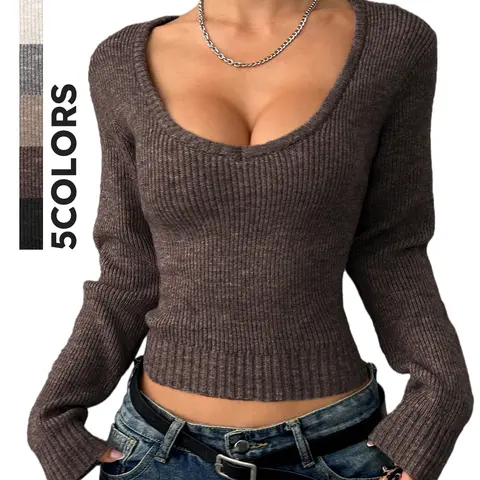 Womens Square Neck Knit Top, Solid Color Slim Fit Long Sleeve Sweater, Versatile Fall Winter Layering Top for Casual Everyday Wear